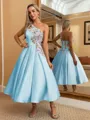 Perfect Ball-Gown One-Shoulder Flower Tea-Length Satin Dress